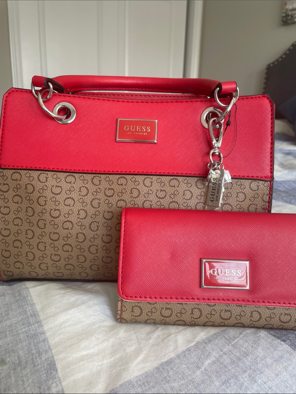 GUESS Red and Brown Signature Satchel with Matching Wallet